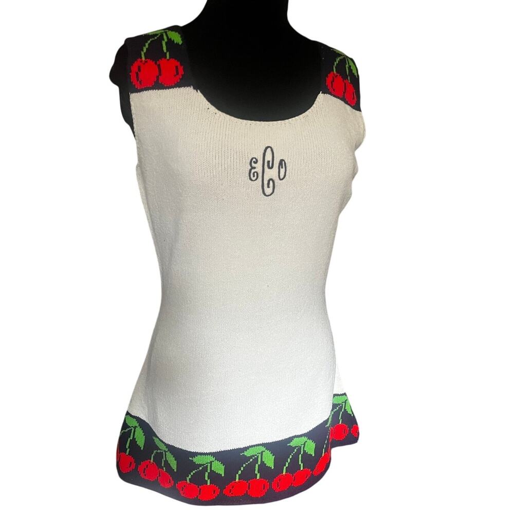 Vintage 70s Hampton Court White Red Cherry Micro Mini Tennis Knit Dress Small